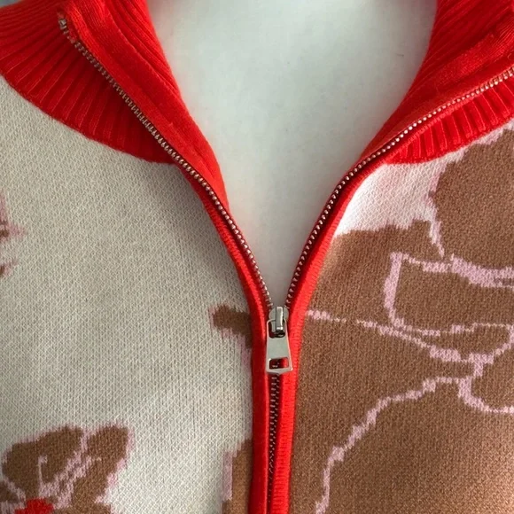 Impressions Floral Patterned Zip-Up Sweater - Orange and Brown Sz L - Picture 3 of 7